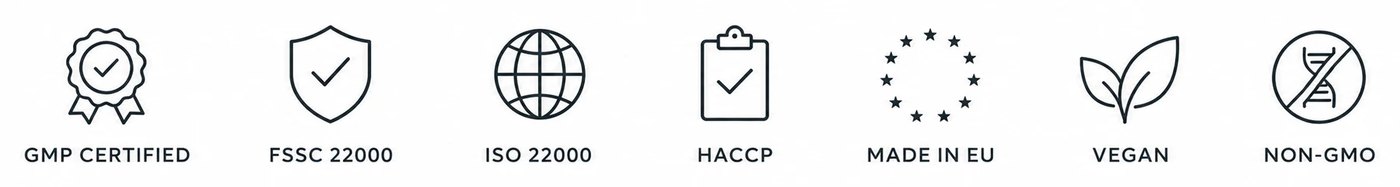 GMP certificirano · FSSC 22000 · ISO 22000 · HACCP · Proizvedeno u EU · Veganski · Bez GMO